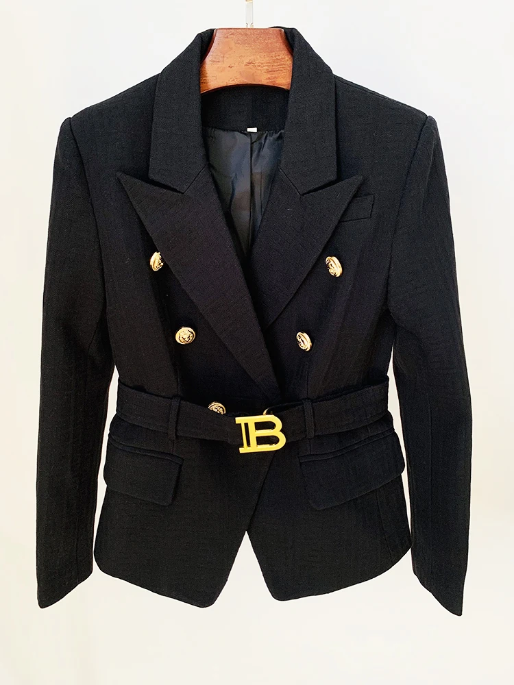 HIGH STREET Newest 2026 Designer Jacket Women's Double Breasted Lion Buttons Monogram Jacquard Belted Blazer