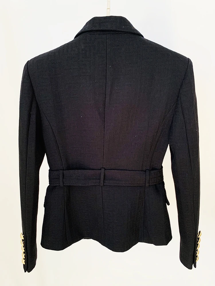 HIGH STREET Newest 2026 Designer Jacket Women's Double Breasted Lion Buttons Monogram Jacquard Belted Blazer