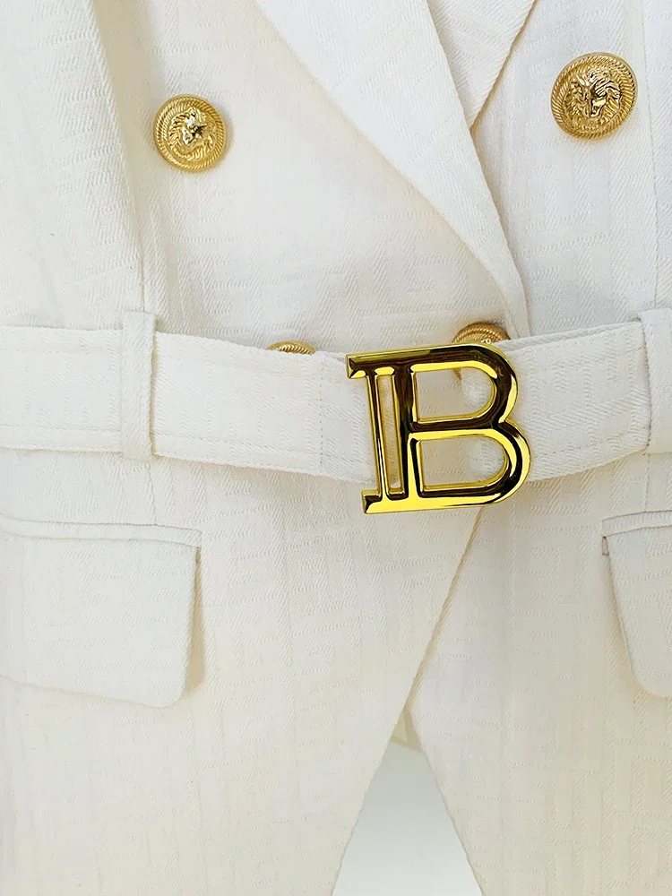 HIGH STREET Newest 2026 Designer Jacket Women's Double Breasted Lion Buttons Monogram Jacquard Belted Blazer