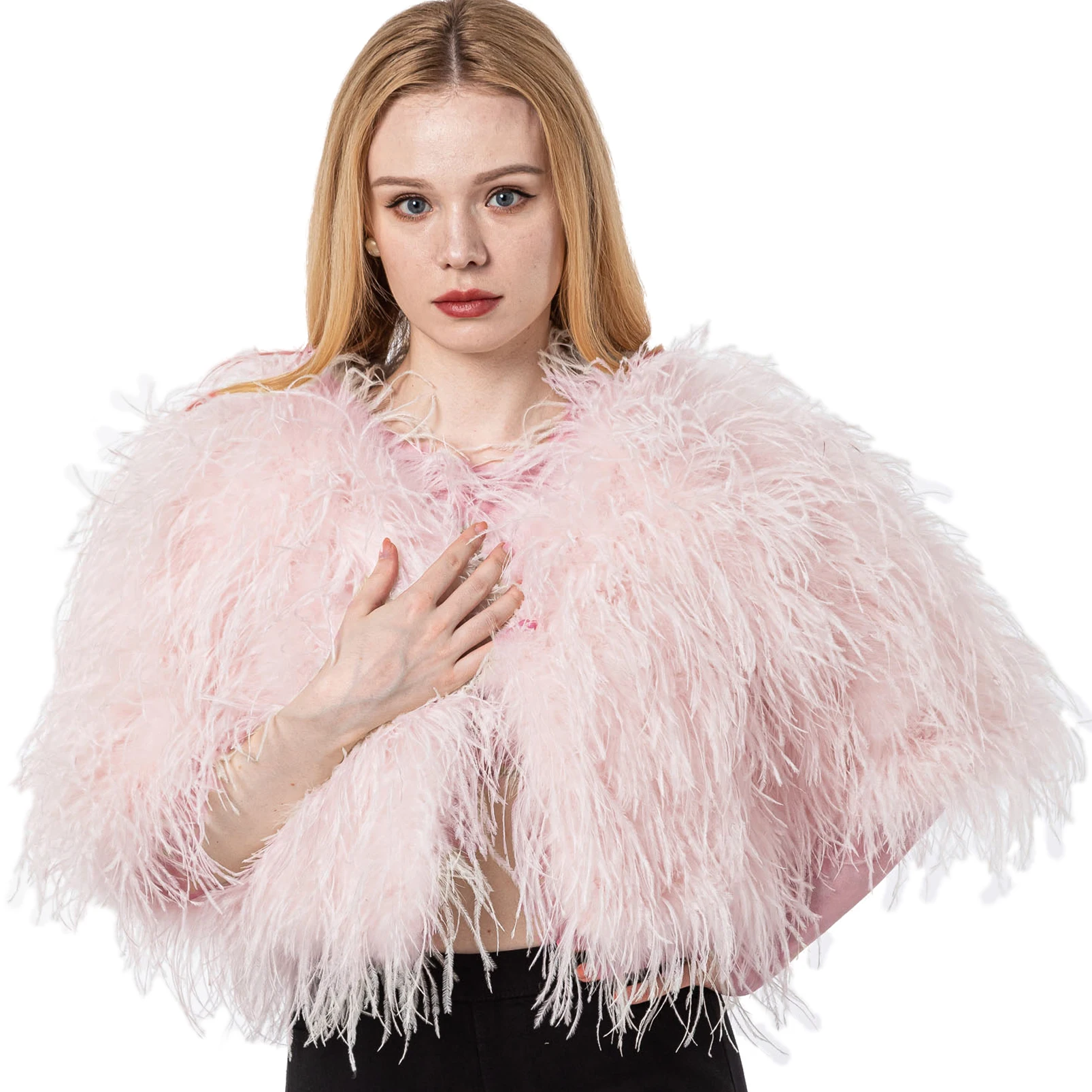 Luxurious Furry Ostrich Feather Jacket, Peach Fuzz Fashion, Wedding Party, Concert, Bride B230408, 2024