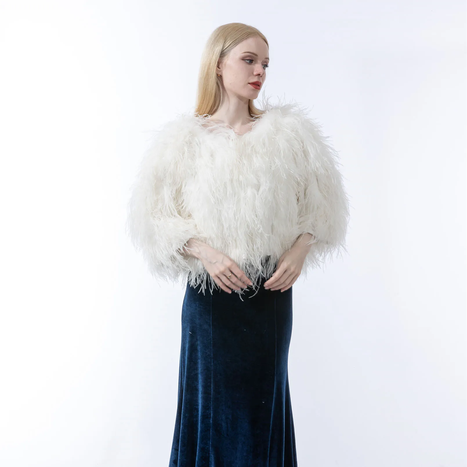 Luxurious Furry Ostrich Feather Jacket, Peach Fuzz Fashion, Wedding Party, Concert, Bride B230408, 2024