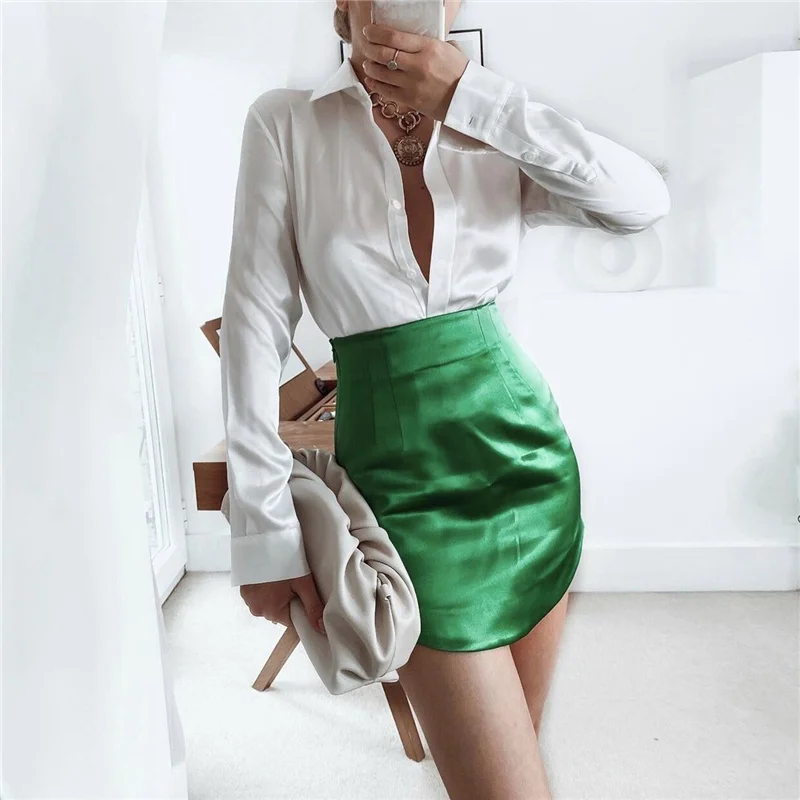 Slim Chic Elegant Women Mini Skirts Green Satin High Street Solid Side Zipper Sexy Bodycon Skirt Faldas Mujer