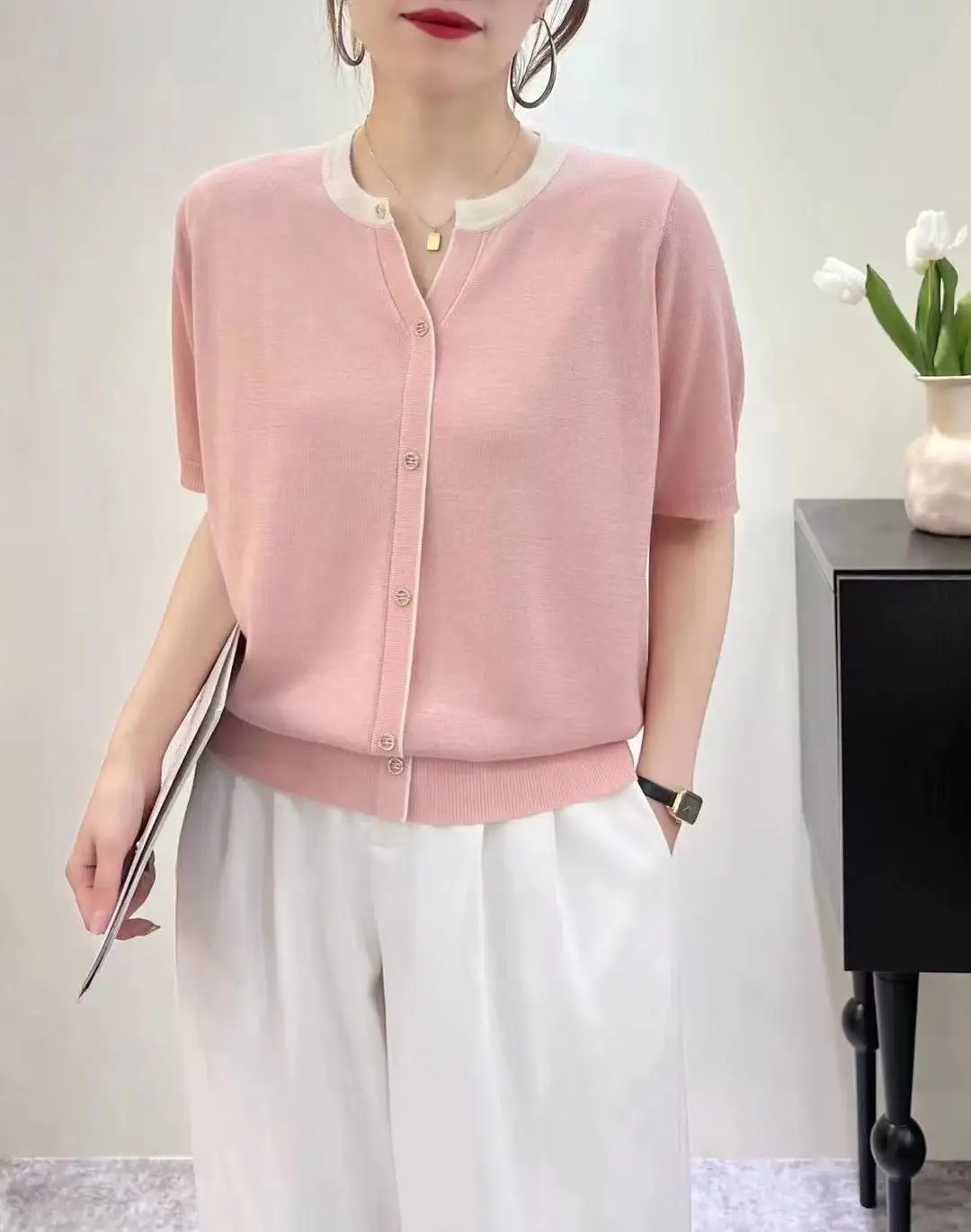 Thin Ice Silk Tee Shirt Femme 2023 Summer Casual Loose Top Short Sleeve Black T Shirt Women Pullover Tees V Neck Knitted Tshirts