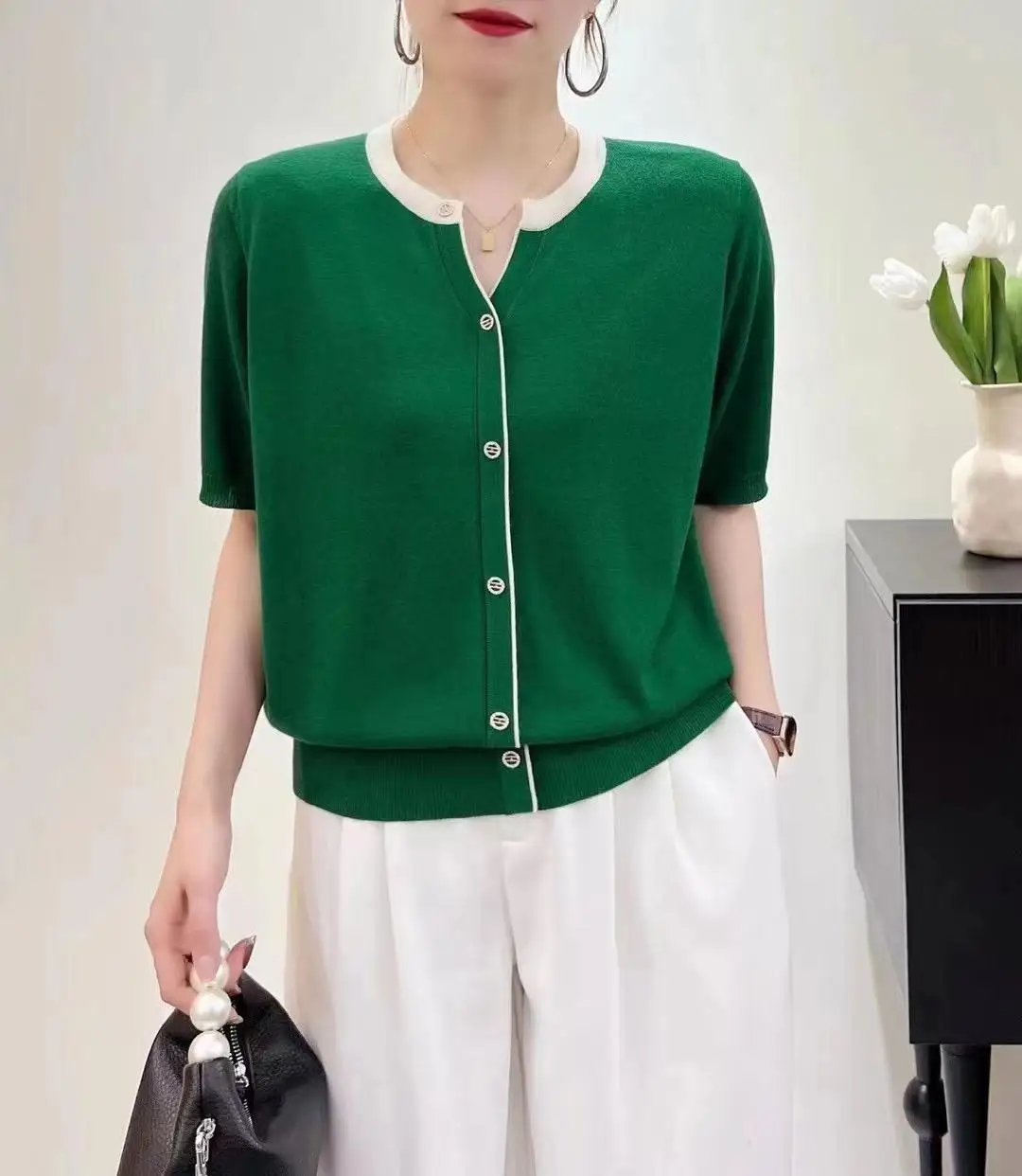 Thin Ice Silk Tee Shirt Femme 2023 Summer Casual Loose Top Short Sleeve Black T Shirt Women Pullover Tees V Neck Knitted Tshirts