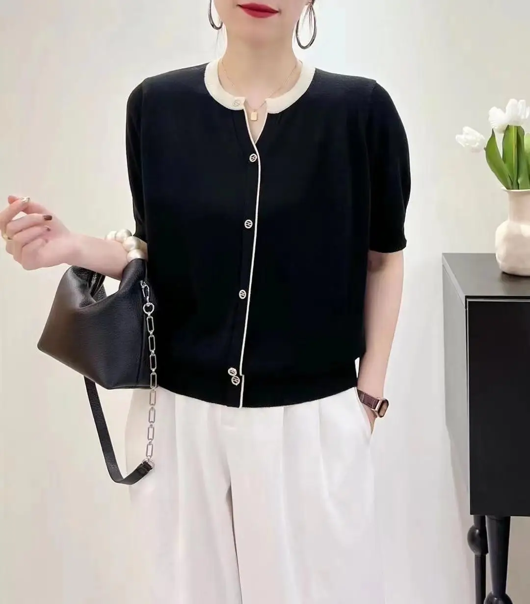 Thin Ice Silk Tee Shirt Femme 2023 Summer Casual Loose Top Short Sleeve Black T Shirt Women Pullover Tees V Neck Knitted Tshirts