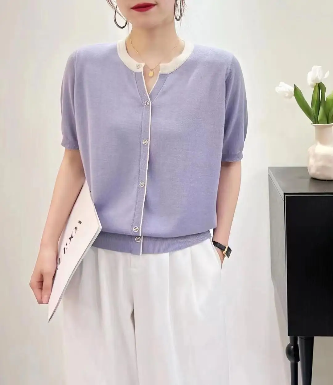 Thin Ice Silk Tee Shirt Femme 2023 Summer Casual Loose Top Short Sleeve Black T Shirt Women Pullover Tees V Neck Knitted Tshirts