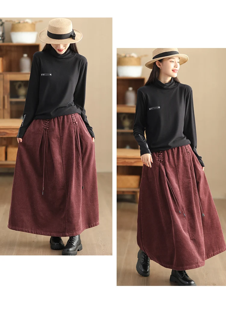 Amax luluE Chinese Fashion Winter Clothes Womens Elegant Loose Corduroy Skirts Ladies Leisure Vintage Elastic Waist Streetwear