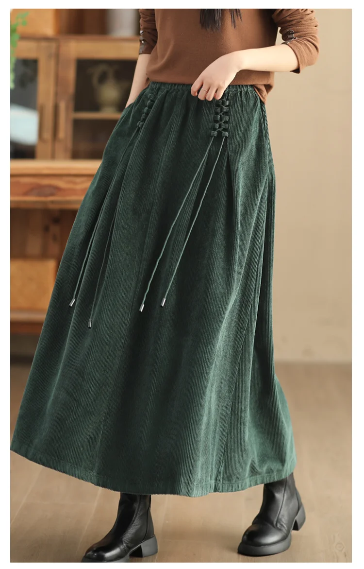 Amax luluE Chinese Fashion Winter Clothes Womens Elegant Loose Corduroy Skirts Ladies Leisure Vintage Elastic Waist Streetwear