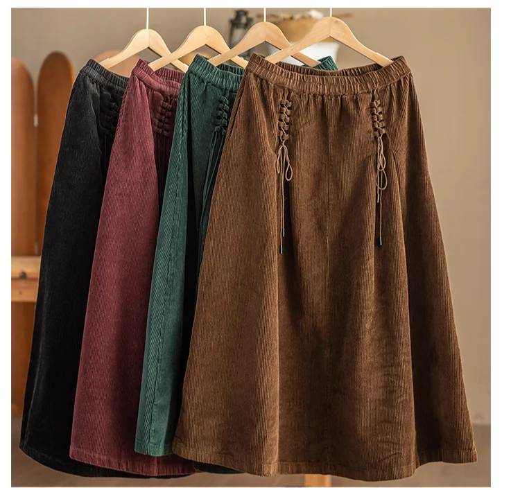 Amax luluE Chinese Fashion Winter Clothes Womens Elegant Loose Corduroy Skirts Ladies Leisure Vintage Elastic Waist Streetwear