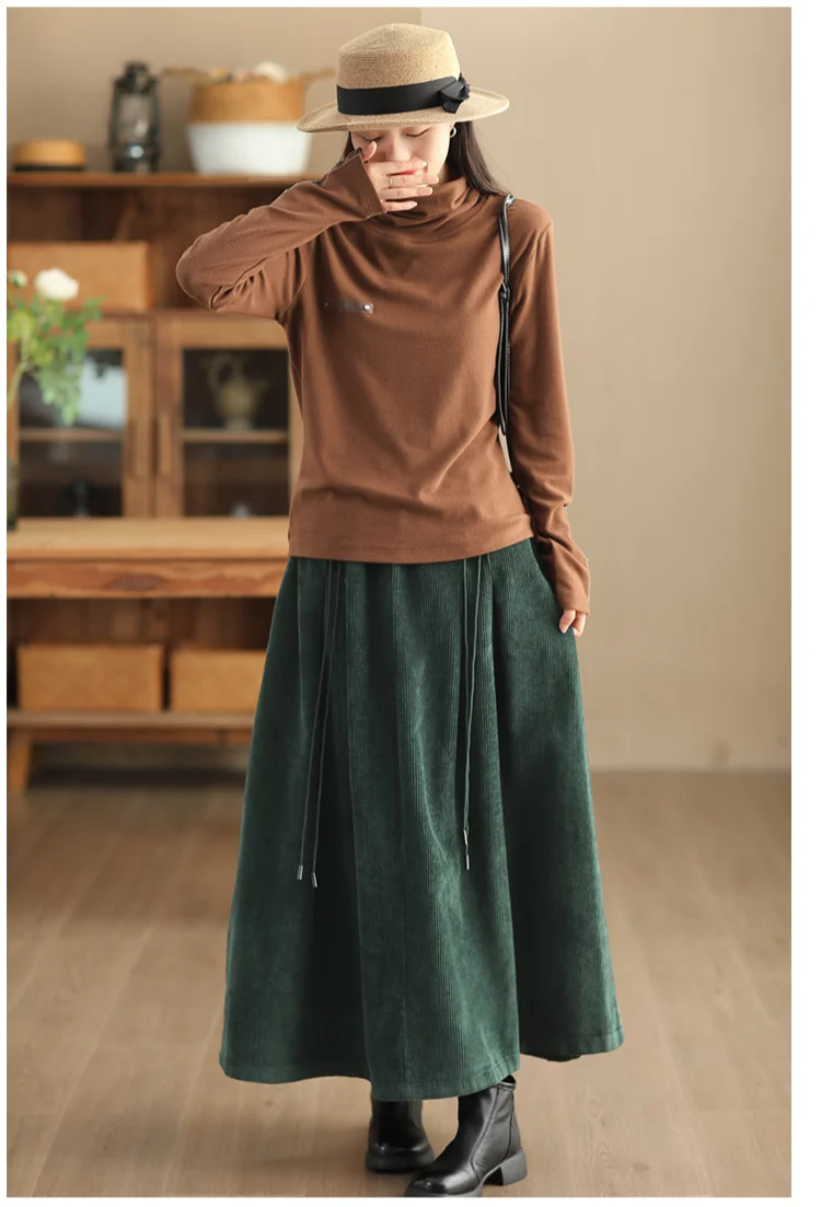 Amax luluE Chinese Fashion Winter Clothes Womens Elegant Loose Corduroy Skirts Ladies Leisure Vintage Elastic Waist Streetwear