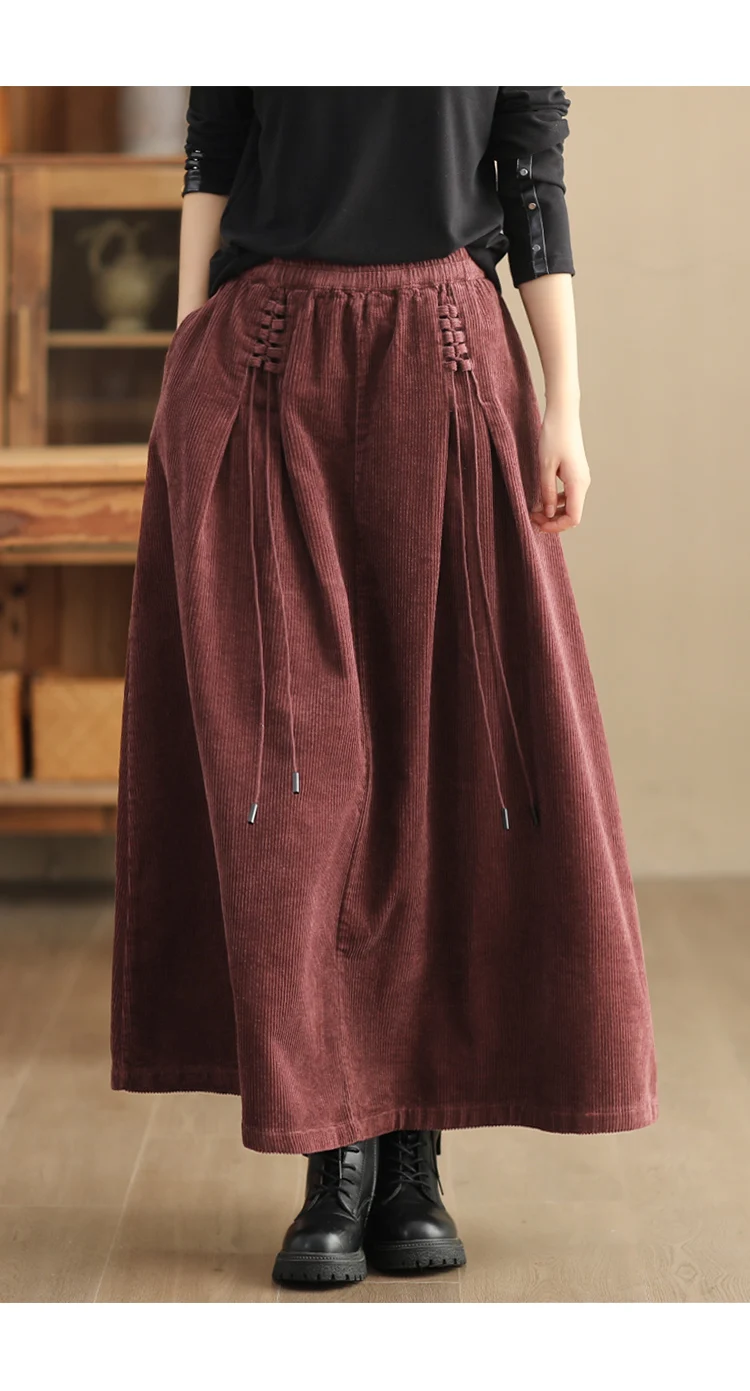 Amax luluE Chinese Fashion Winter Clothes Womens Elegant Loose Corduroy Skirts Ladies Leisure Vintage Elastic Waist Streetwear