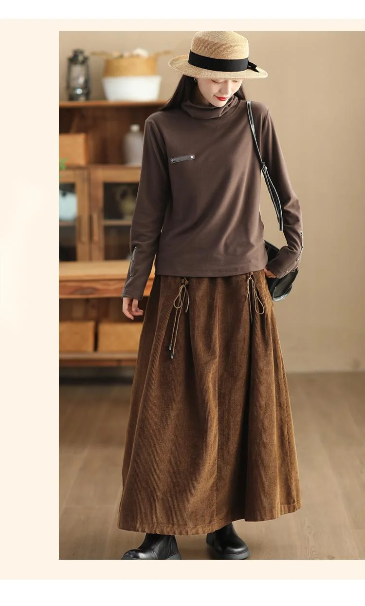 Amax luluE Chinese Fashion Winter Clothes Womens Elegant Loose Corduroy Skirts Ladies Leisure Vintage Elastic Waist Streetwear