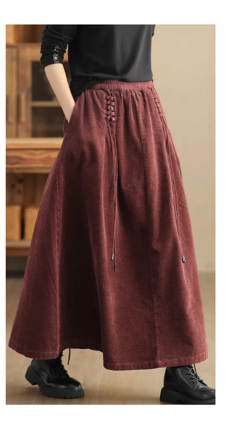 Amax luluE Chinese Fashion Winter Clothes Womens Elegant Loose Corduroy Skirts Ladies Leisure Vintage Elastic Waist Streetwear