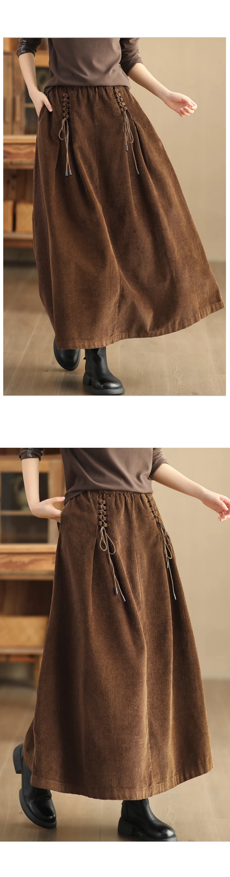 Amax luluE Chinese Fashion Winter Clothes Womens Elegant Loose Corduroy Skirts Ladies Leisure Vintage Elastic Waist Streetwear