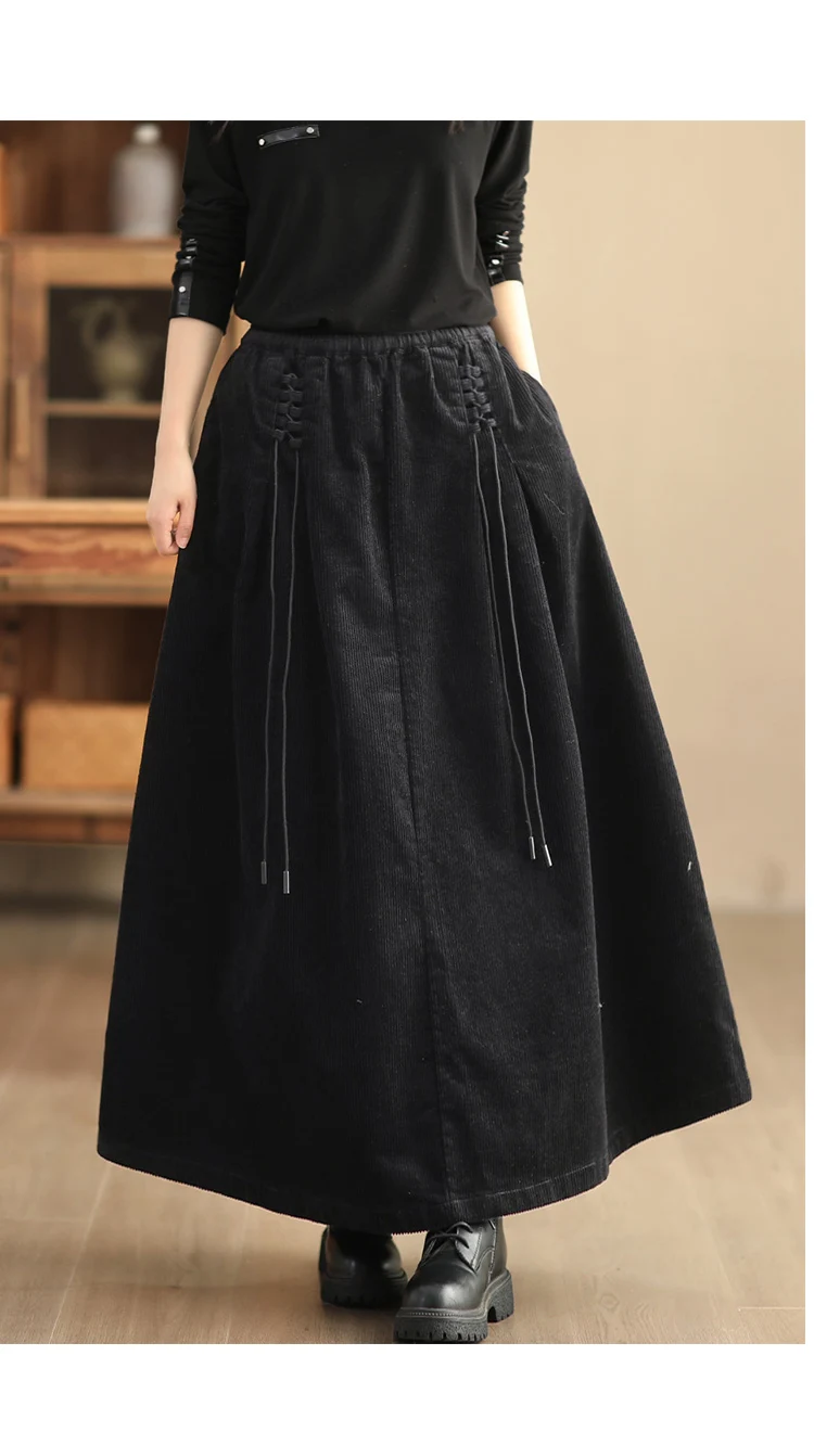 Amax luluE Chinese Fashion Winter Clothes Womens Elegant Loose Corduroy Skirts Ladies Leisure Vintage Elastic Waist Streetwear