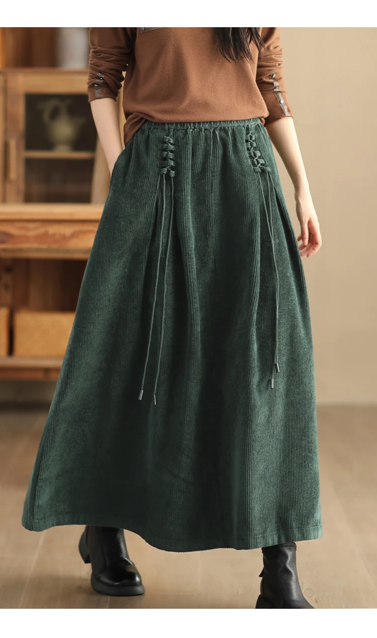 Amax luluE Chinese Fashion Winter Clothes Womens Elegant Loose Corduroy Skirts Ladies Leisure Vintage Elastic Waist Streetwear