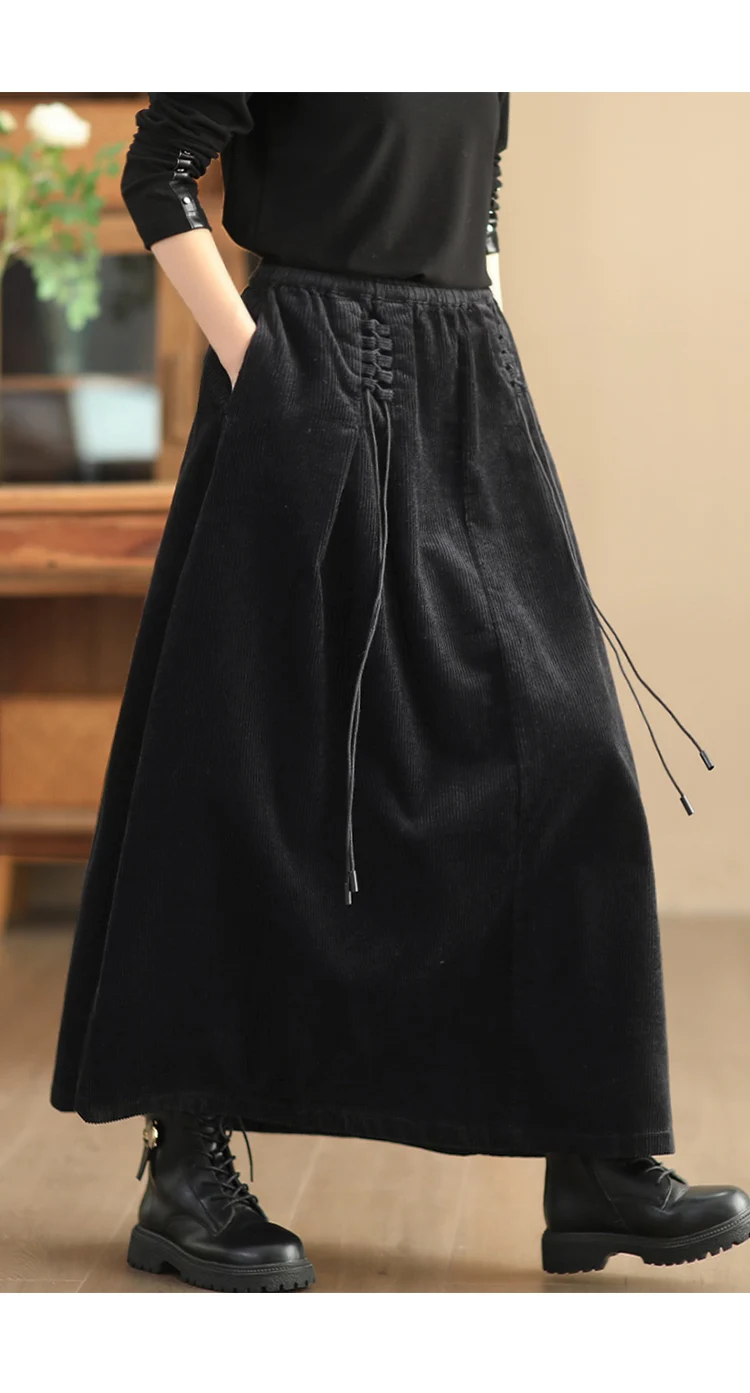 Amax luluE Chinese Fashion Winter Clothes Womens Elegant Loose Corduroy Skirts Ladies Leisure Vintage Elastic Waist Streetwear