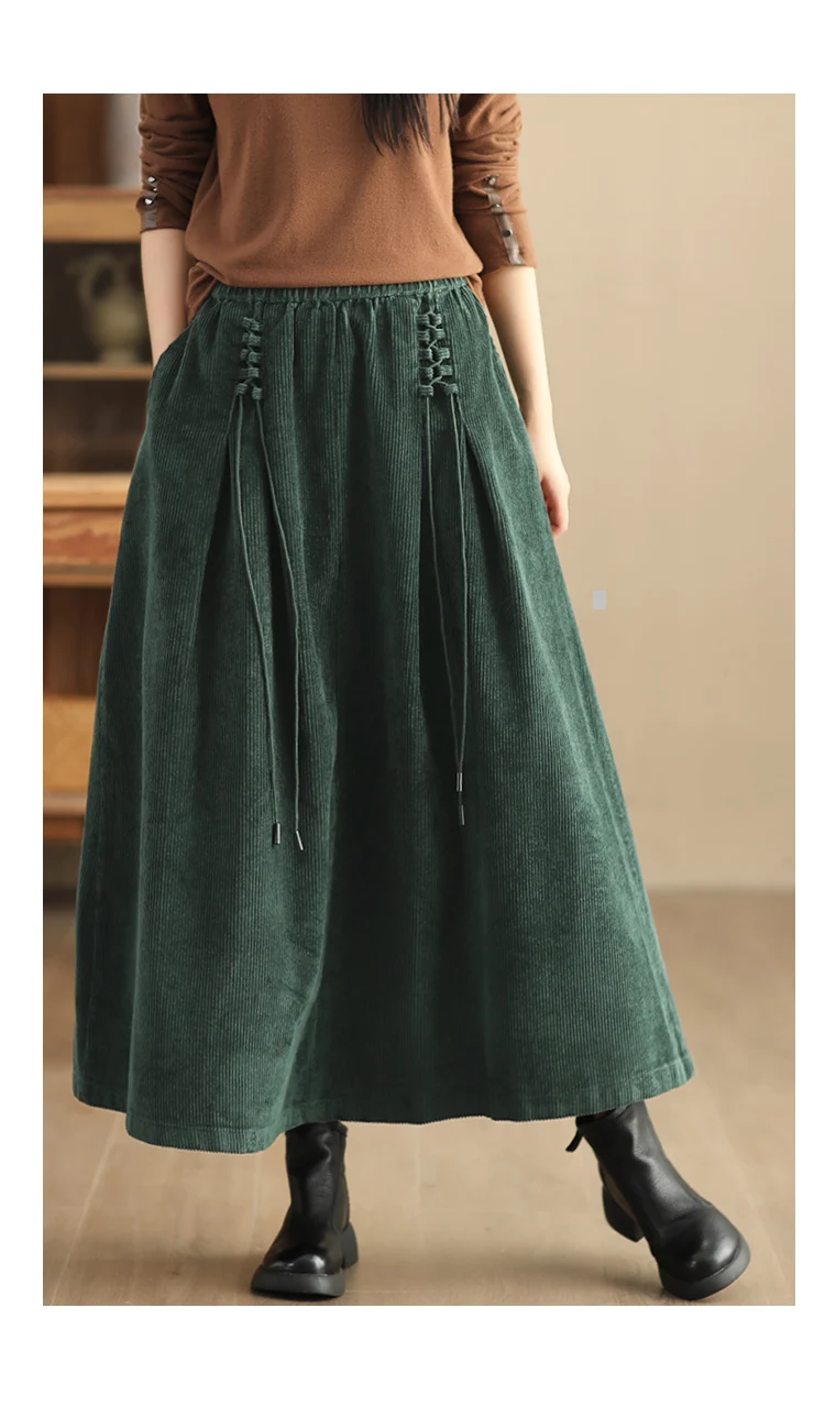 Amax luluE Chinese Fashion Winter Clothes Womens Elegant Loose Corduroy Skirts Ladies Leisure Vintage Elastic Waist Streetwear