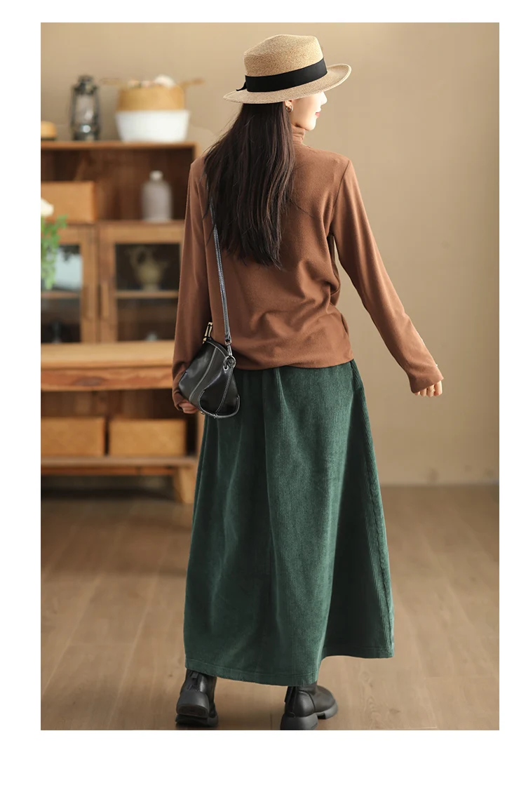 Amax luluE Chinese Fashion Winter Clothes Womens Elegant Loose Corduroy Skirts Ladies Leisure Vintage Elastic Waist Streetwear