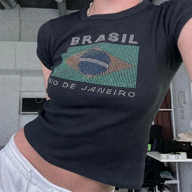 Y2k Fashion Woman Blouse 2023 Summer Women Crop Tops Brasil Rhinestone Graphic T Shirts Woman Clothing O Neck Short Sleeve New