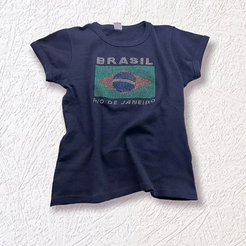 Y2k Fashion Woman Blouse 2023 Summer Women Crop Tops Brasil Rhinestone Graphic T Shirts Woman Clothing O Neck Short Sleeve New