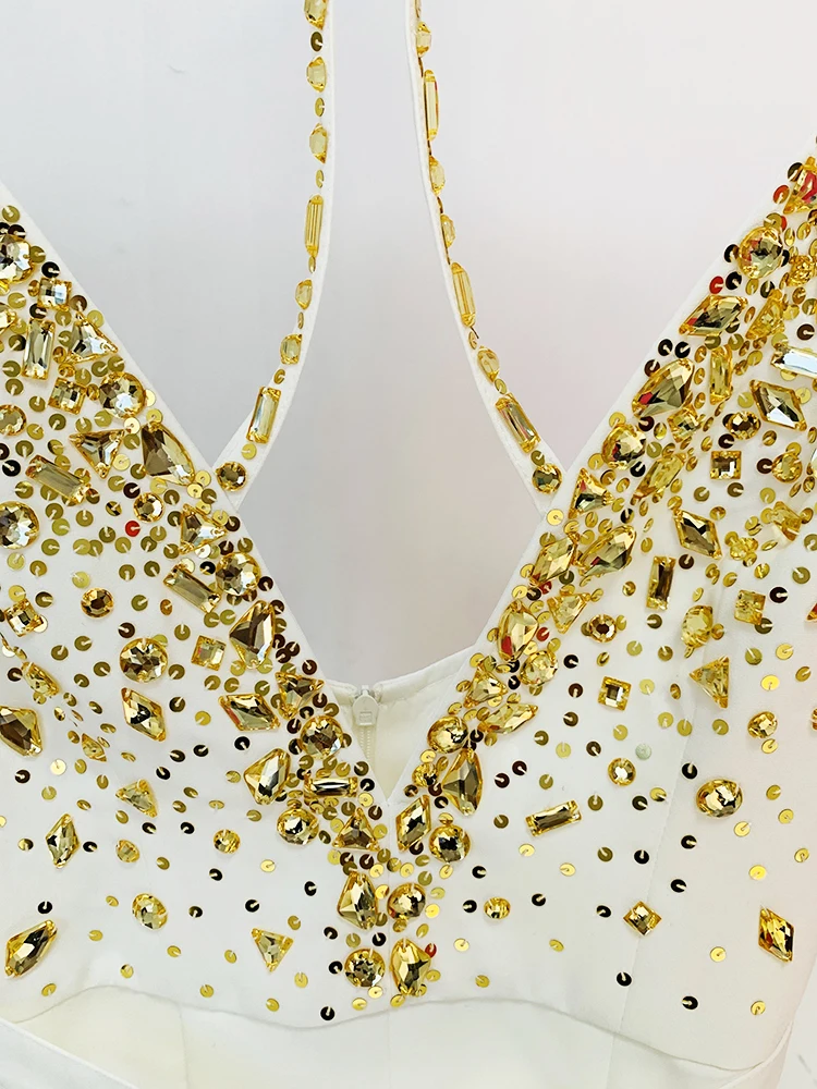 HIGH STREET Newest Fashion Summer 2026 Designer Women Spaghetti Strap Stunning Strass Stone Didmonds Beading Straight Jumpsuit