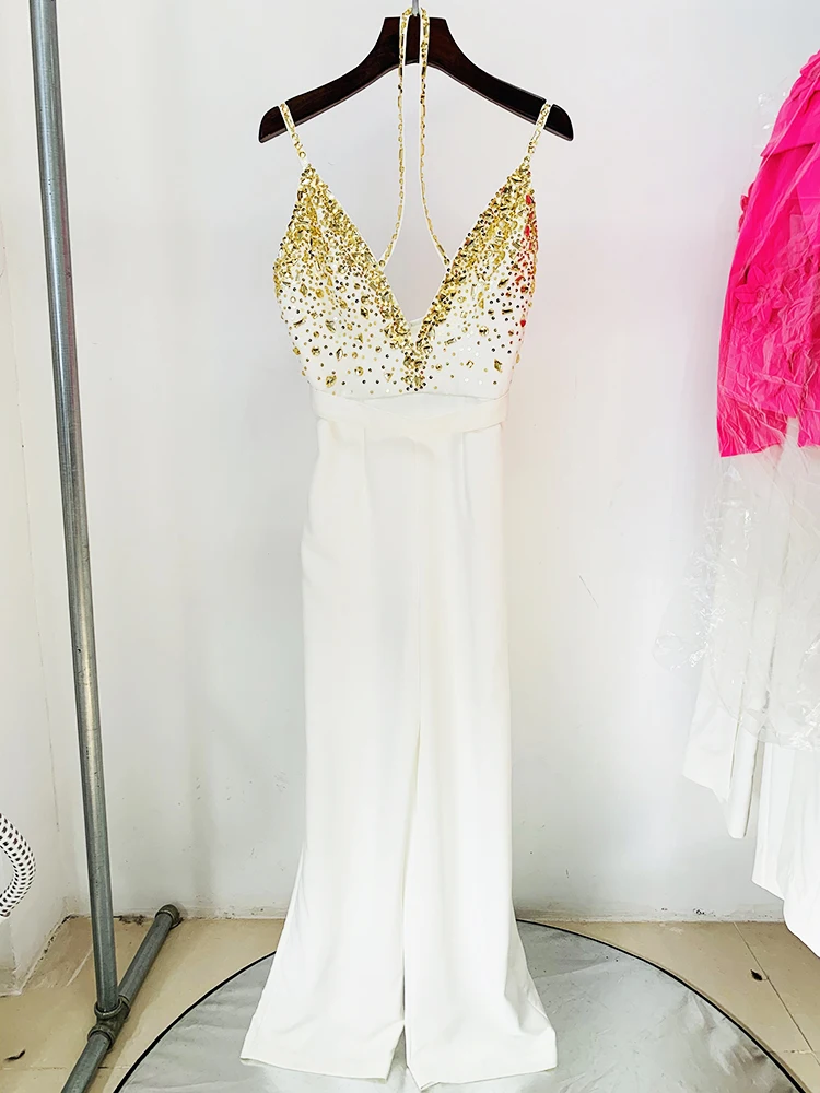HIGH STREET Newest Fashion Summer 2026 Designer Women Spaghetti Strap Stunning Strass Stone Didmonds Beading Straight Jumpsuit