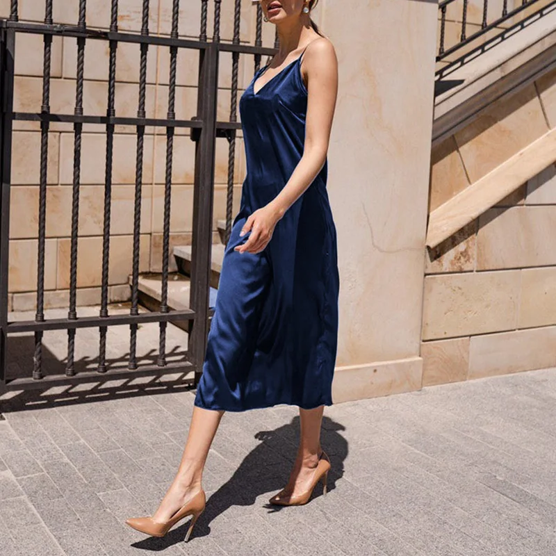 Satin Party Dress Summer Spaghetti Straps V-Neck Backless Long Dresses For Women Sexy Vestidos Clearance