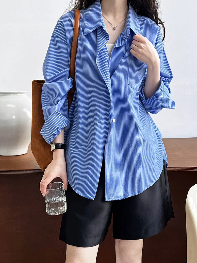 2024 Women Spring Blouses Long Sleeve Cotton Womens Striped Blue Tops And Blouses Fashion Shirt Blusas Roupa Feminina