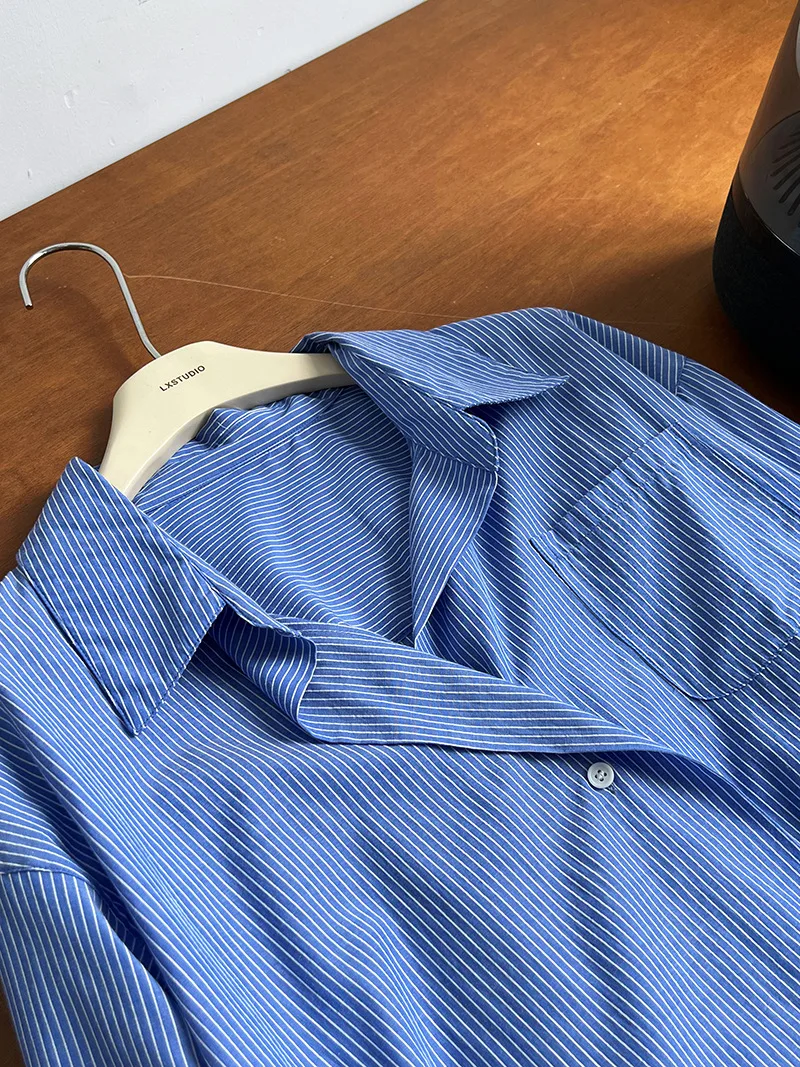 2024 Women Spring Blouses Long Sleeve Cotton Womens Striped Blue Tops And Blouses Fashion Shirt Blusas Roupa Feminina