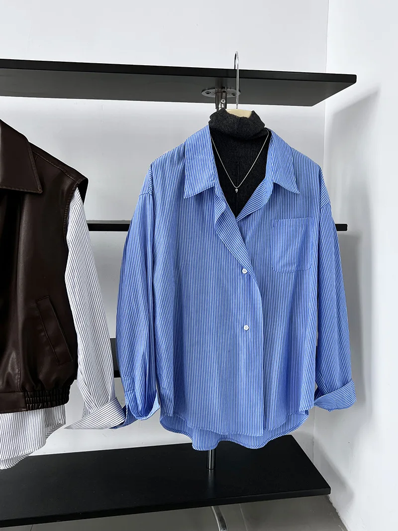2024 Women Spring Blouses Long Sleeve Cotton Womens Striped Blue Tops And Blouses Fashion Shirt Blusas Roupa Feminina