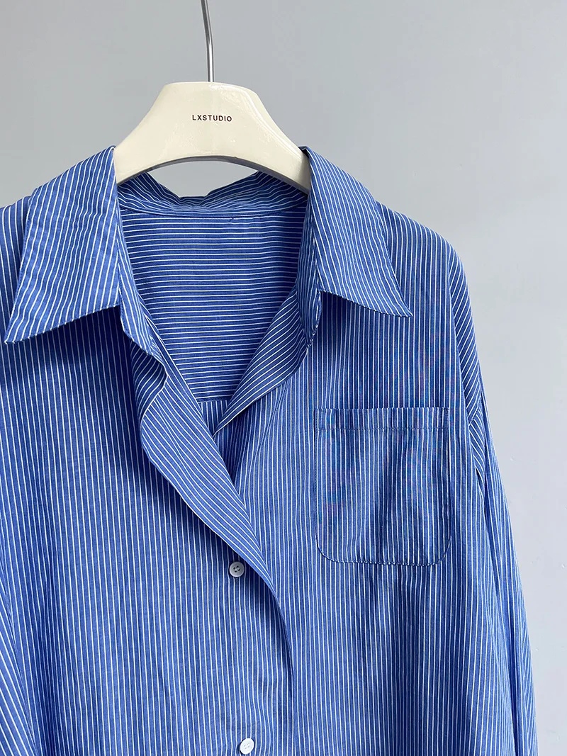 2024 Women Spring Blouses Long Sleeve Cotton Womens Striped Blue Tops And Blouses Fashion Shirt Blusas Roupa Feminina