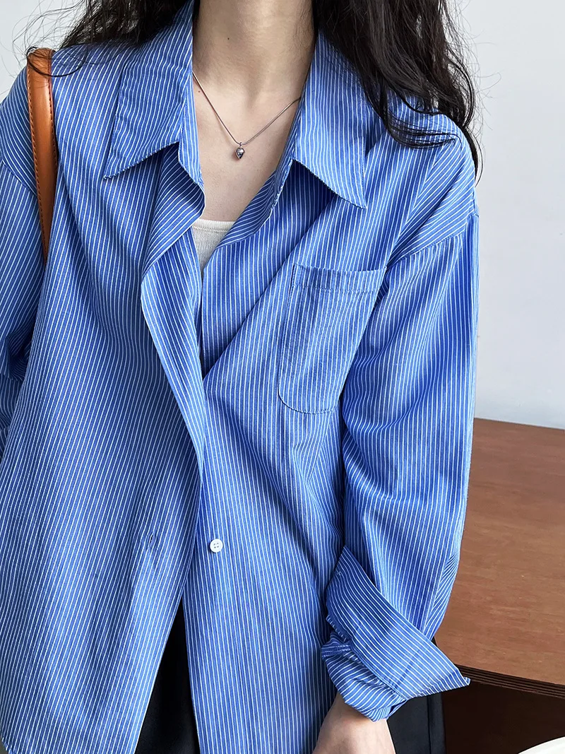 2024 Women Spring Blouses Long Sleeve Cotton Womens Striped Blue Tops And Blouses Fashion Shirt Blusas Roupa Feminina