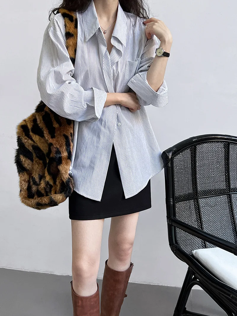 2024 Women Spring Blouses Long Sleeve Cotton Womens Striped Blue Tops And Blouses Fashion Shirt Blusas Roupa Feminina