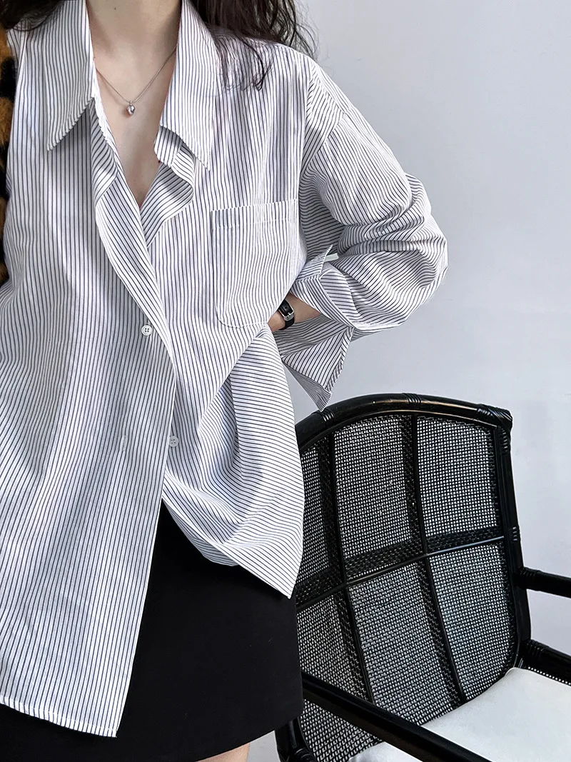 2024 Women Spring Blouses Long Sleeve Cotton Womens Striped Blue Tops And Blouses Fashion Shirt Blusas Roupa Feminina