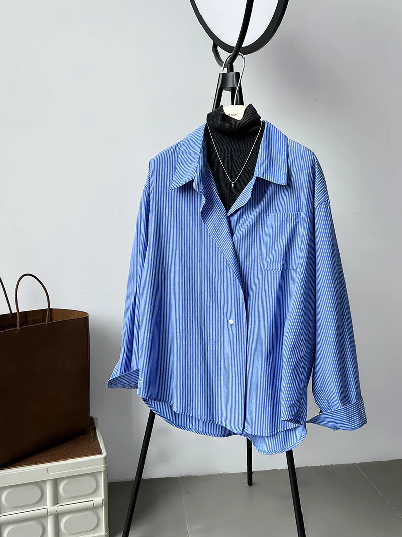 2024 Women Spring Blouses Long Sleeve Cotton Womens Striped Blue Tops And Blouses Fashion Shirt Blusas Roupa Feminina