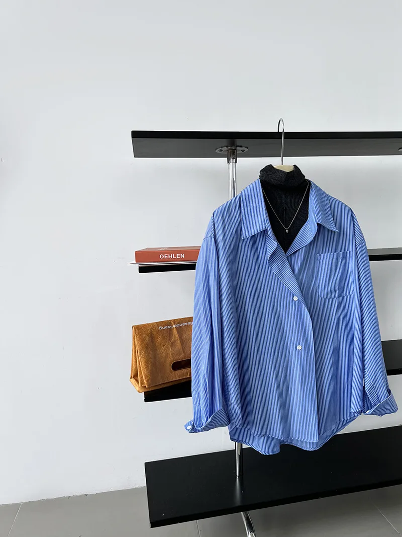 2024 Women Spring Blouses Long Sleeve Cotton Womens Striped Blue Tops And Blouses Fashion Shirt Blusas Roupa Feminina