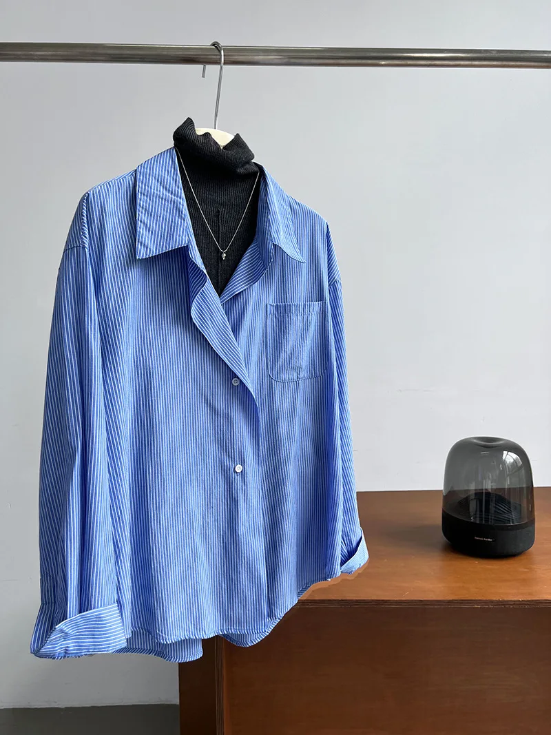 2024 Women Spring Blouses Long Sleeve Cotton Womens Striped Blue Tops And Blouses Fashion Shirt Blusas Roupa Feminina