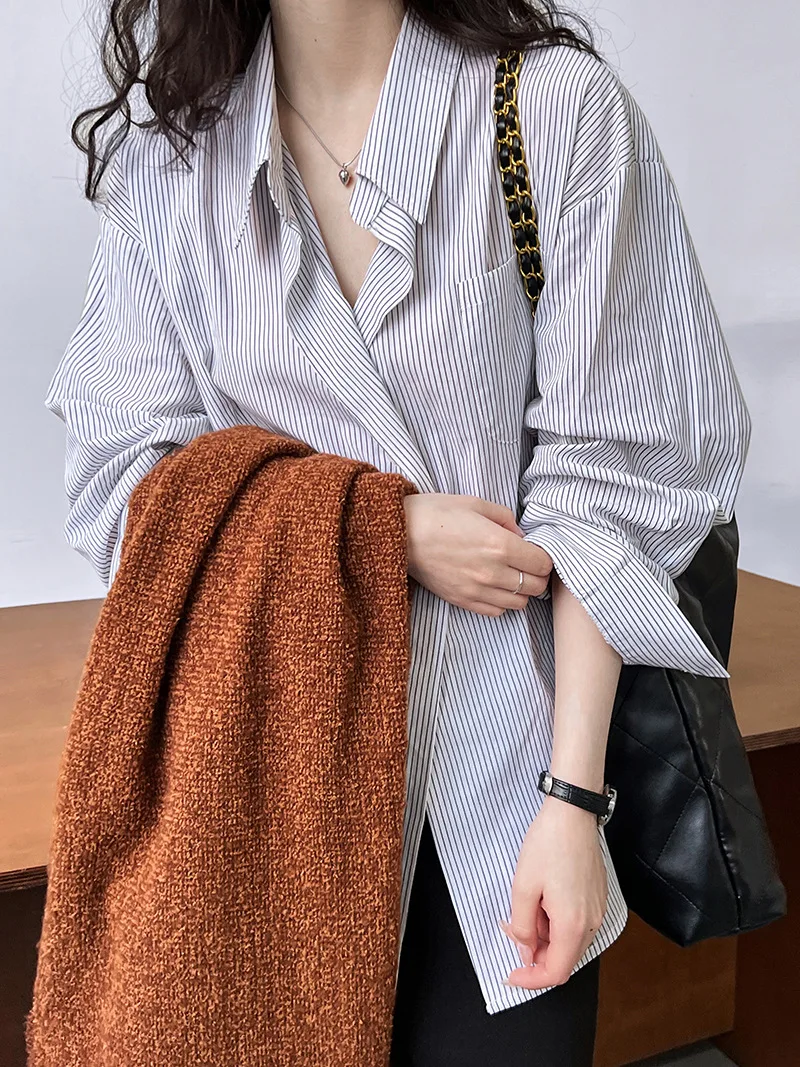 2024 Women Spring Blouses Long Sleeve Cotton Womens Striped Blue Tops And Blouses Fashion Shirt Blusas Roupa Feminina