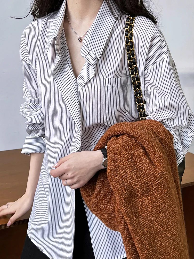 2024 Women Spring Blouses Long Sleeve Cotton Womens Striped Blue Tops And Blouses Fashion Shirt Blusas Roupa Feminina