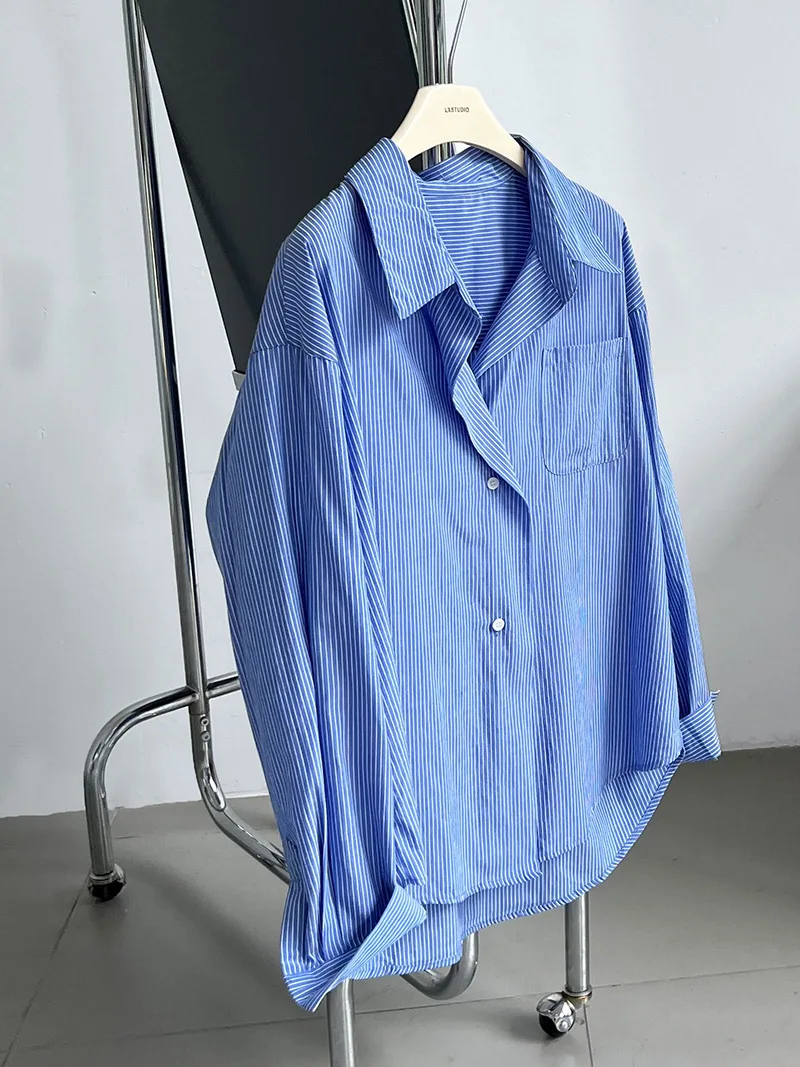 2024 Women Spring Blouses Long Sleeve Cotton Womens Striped Blue Tops And Blouses Fashion Shirt Blusas Roupa Feminina