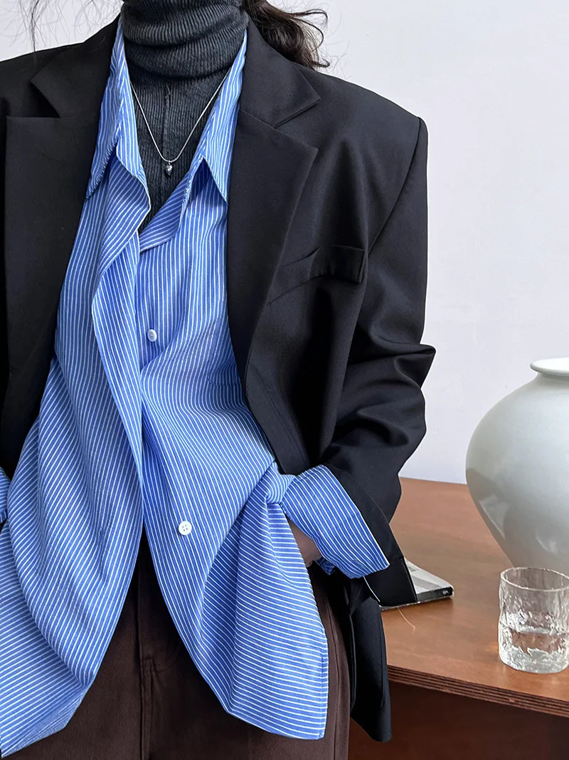 2024 Women Spring Blouses Long Sleeve Cotton Womens Striped Blue Tops And Blouses Fashion Shirt Blusas Roupa Feminina