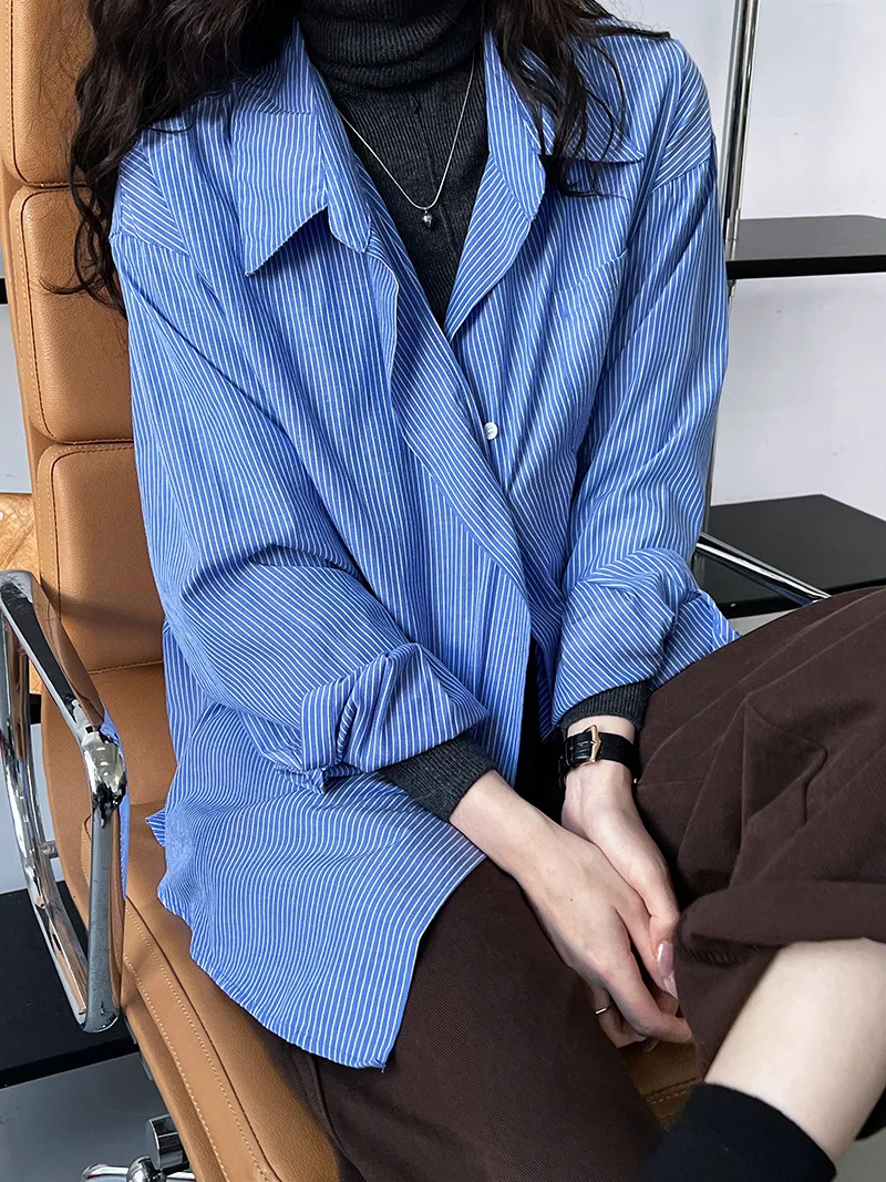 2024 Women Spring Blouses Long Sleeve Cotton Womens Striped Blue Tops And Blouses Fashion Shirt Blusas Roupa Feminina
