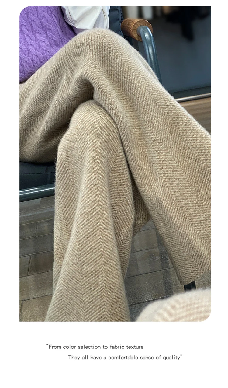LHZSYY Autumn Winter New 100%Pure Wool Wide-Leg Pants Women' High-Waist Korean Straight Leg Pants Loose Wear Cashmere Knit Pants