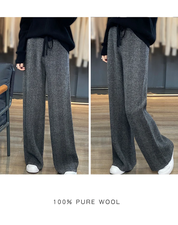 LHZSYY Autumn Winter New 100%Pure Wool Wide-Leg Pants Women' High-Waist Korean Straight Leg Pants Loose Wear Cashmere Knit Pants