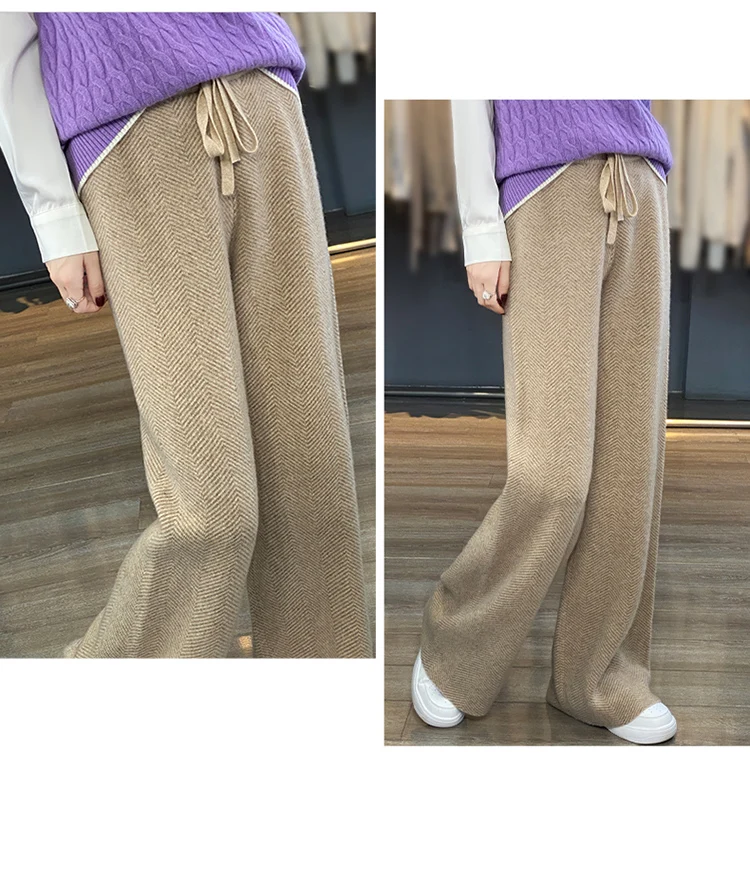 LHZSYY Autumn Winter New 100%Pure Wool Wide-Leg Pants Women' High-Waist Korean Straight Leg Pants Loose Wear Cashmere Knit Pants