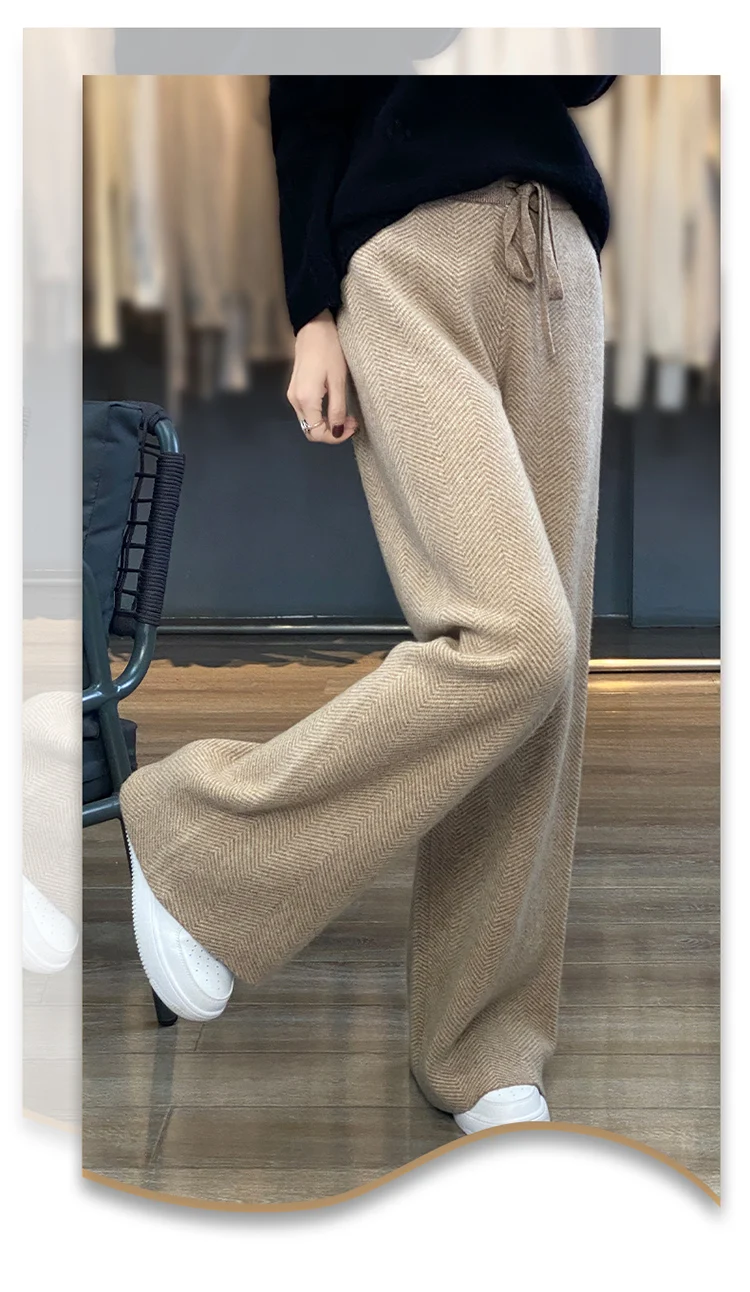 LHZSYY Autumn Winter New 100%Pure Wool Wide-Leg Pants Women' High-Waist Korean Straight Leg Pants Loose Wear Cashmere Knit Pants