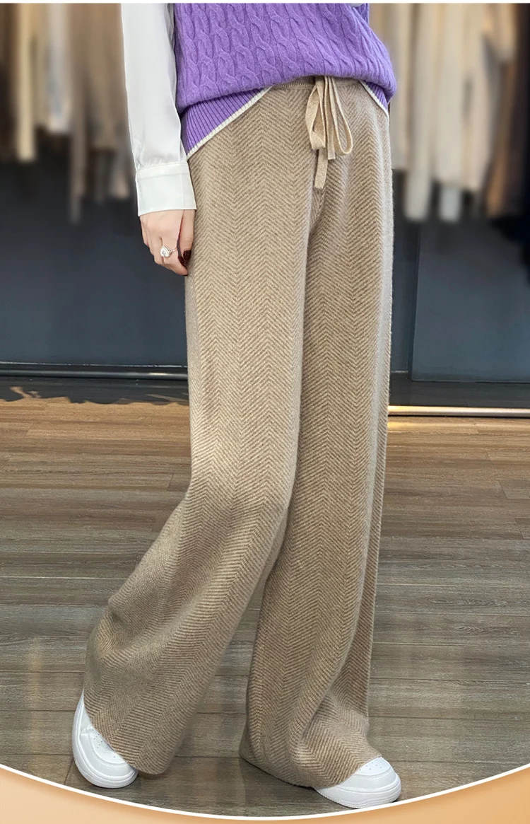 LHZSYY Autumn Winter New 100%Pure Wool Wide-Leg Pants Women' High-Waist Korean Straight Leg Pants Loose Wear Cashmere Knit Pants
