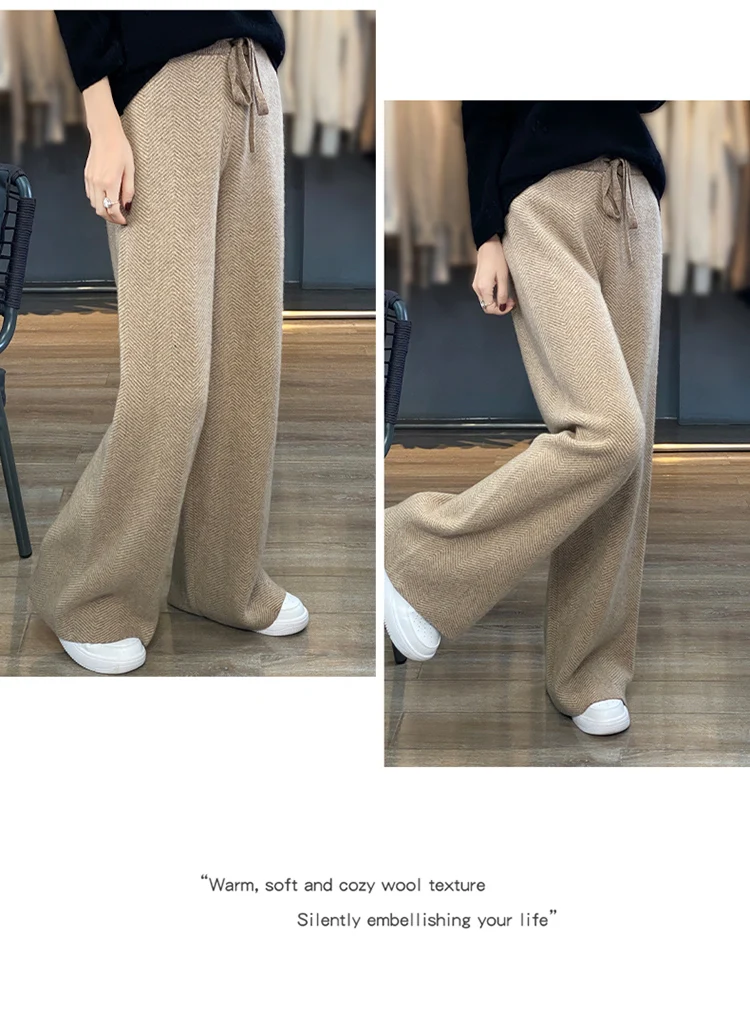 LHZSYY Autumn Winter New 100%Pure Wool Wide-Leg Pants Women' High-Waist Korean Straight Leg Pants Loose Wear Cashmere Knit Pants