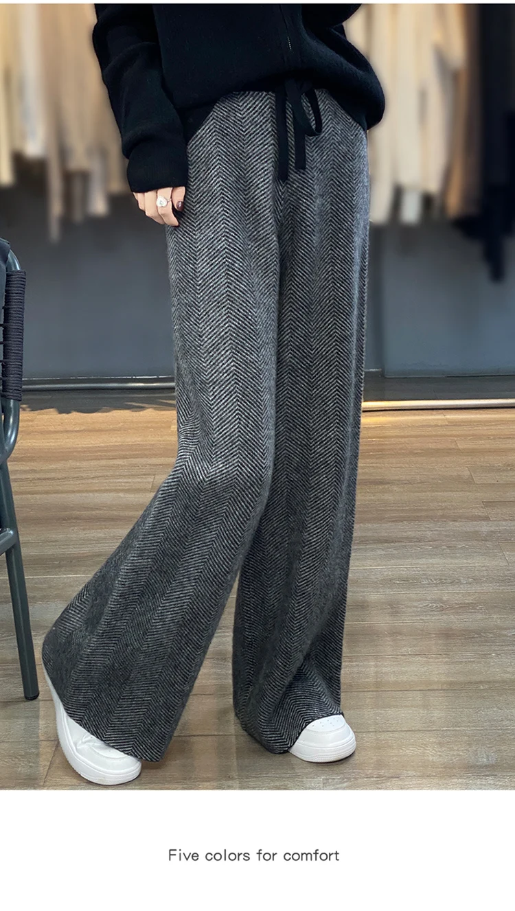 LHZSYY Autumn Winter New 100%Pure Wool Wide-Leg Pants Women' High-Waist Korean Straight Leg Pants Loose Wear Cashmere Knit Pants